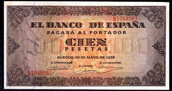 Spain, 100 Pesetas, 20-5-1938 (WPM 113a). B1049563. VF.   DY20132
