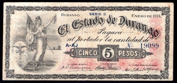 Mexico. Estado Durango. Five Pesos Jan 1914 (WPM S732a) D 19099 F-VF.   DY20152