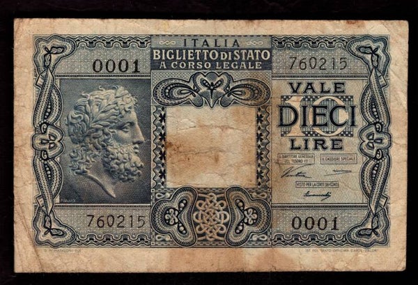 Italy. Ten Lire 1944. First Run 0001 760215. VG.   DY20156