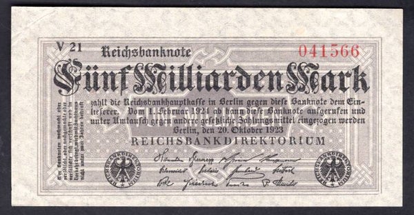 Germany. Five Milliarden Mark 20-10-1923 (WPM 123a). Crisp GVF.   DY20162