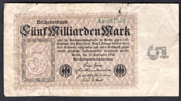 Germany. 5 Milliarden Mark 10-9-1923 (WPM 115) 4K.027557 Good.   DY20163