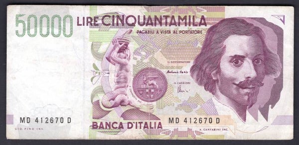 Italy. 50,000 Lire 1992 MD 412670 D F-VF.   DY20167