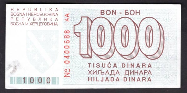 Bosnia-Herzegovia. Siege of Sarajevo 1,000 Dinara 1992 (WPM 26a). AA 0400688 VF-EF.