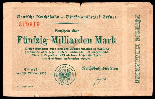 Germany. Reichsbahn Erfurt. 50 Milliarden Mark 20-10-1923 319919 GF+.   DY20169