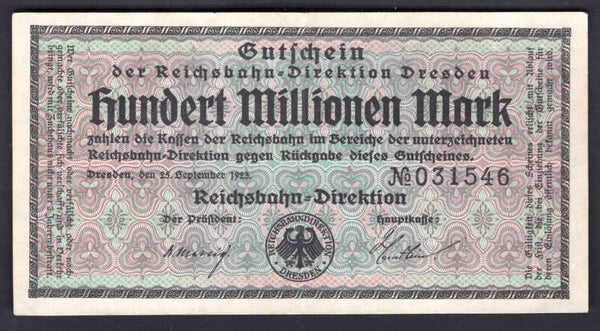 Germany. Reichsbahn Dresden. 100 Million Mark 25-9-1923 (WPM S1177) 031546 GVF+.   DY20199