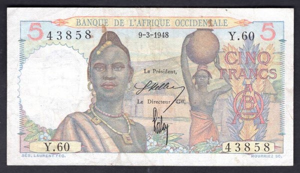 French West Africa. Five Francs 9-3-1948 (WPM 36). Y.60 43858 Crisp VF.   DY20200