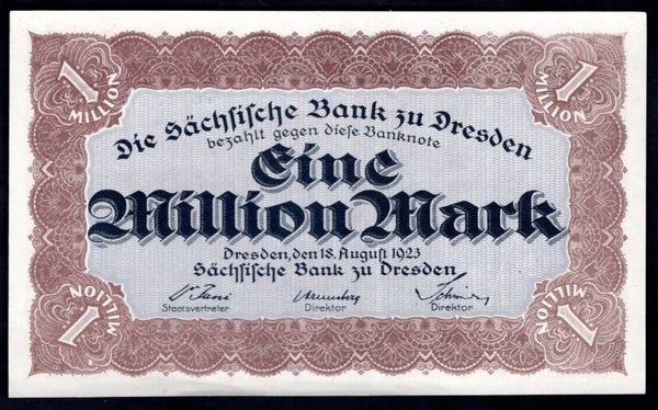 Germany. Saxony Bank. One Million Mark 18-8-1923 (WPM S962) 63435 AU.  DY20207