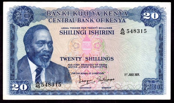 Kenya. 20 Shillings 1-7-1971 (WPM 8b). A/45 548315 Crisp VF.   DY20211.