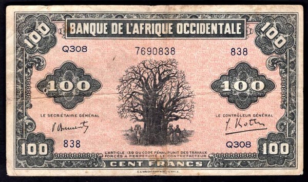 French West Africa. 100 Francs (WPM 31a). 7690838 Fine.  DY20220
