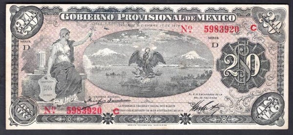 Mexico. Gobierno Provisional. 20 Pesos 1914 (WPM S1110B) C 5983920 Crisp VF-EF.  DY20228