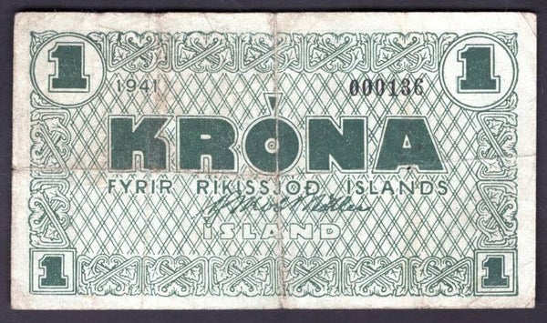 Iceland. Krona 1941 (WPM 22a). Very Low Number 000136 GF.   DY20229