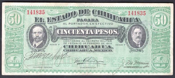 Mexico. Chihuahua 50 Pesos 1914 (WPM S538b) 141835 Crisp VF.   DY20240
