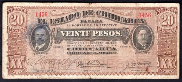 Mexico. Chihuahua. 20 Pesos, 1914, 2 Handsigned Sigs, 1456 (WPM S536a). GF.DY20251