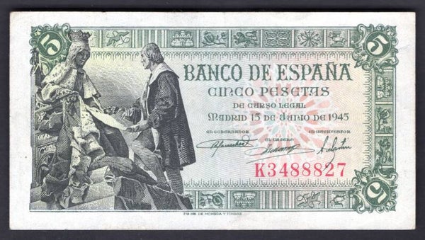 Spain. Five Pesetas 15-6-1945 (WPM 129) Crisp VF.  DY20277