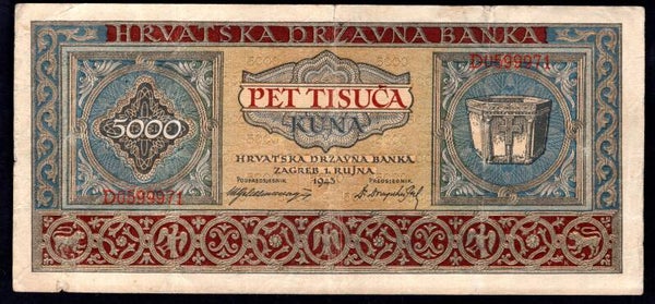 Croatia. 5,000 Kuna 1943 (WPM 13) D059971 F-VF.  DY20280