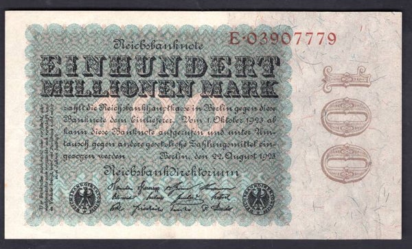Germany. 100 Millionen Mark 22-8-1923 E.03907779 GEF.   DY20295