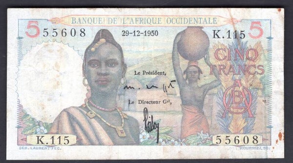 French West Africa. Five Francs 29-12-1950 (WPM 36) K.115 55608 NVF.   DY20303