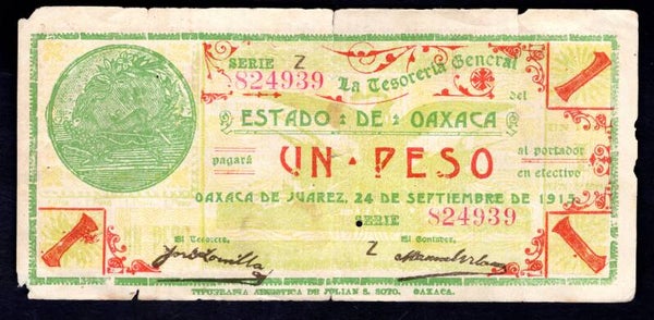 Mexico. Estado de Oaxaca. Peso 24-9-1915 (WPM S953a) Z 824939 Good.   DY20308