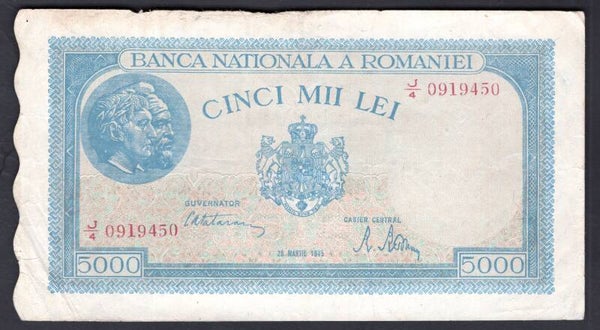 Romania. 5,000 Lei 20-3-1945 (WPM 56a). J/4 0919450 Crisp F-VF.   DY20319