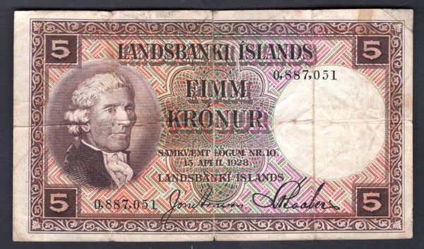 Iceland. Five Kronur Law 1928 (WPM 27a). 0,887,051 VG.   DY20320