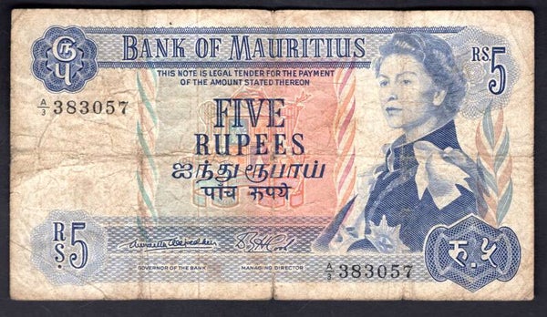 Mauritius. Five Rupees (1967) (WPM 30a). A/3 383057 Good.    DY20322