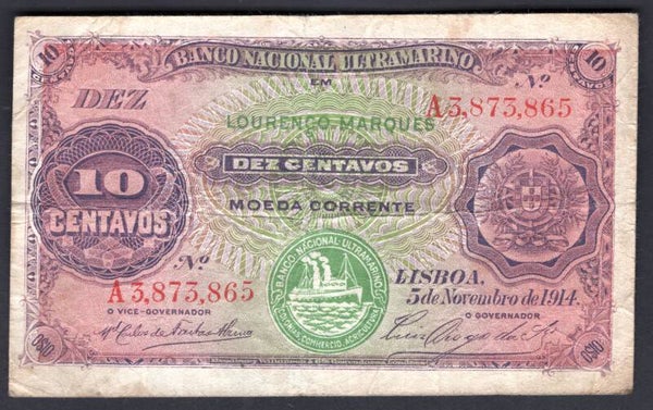 Mozambique. 10 Centavos 1914 A3,873,865 (WPM 56) Fine.   DY20323