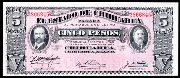 Mexico. Chihuahua. 5 Pesos June 1915 (WPM S532a) AU.   DY20342