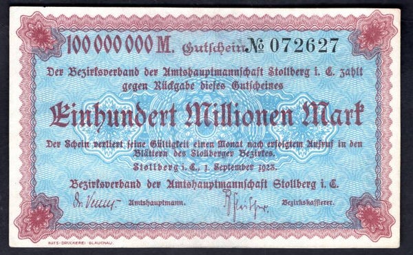 Germany. Stollberg. 100,000,000 Mark 1-9-1923 072627 Crisp GVF.   DY20349