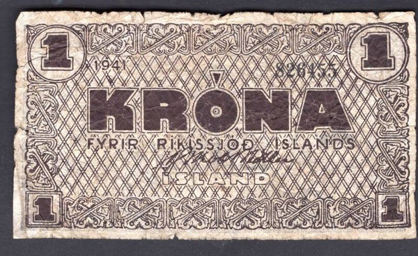 Iceland. Krona 1941 9Iss. 1945) (WPM 22F) 826455 Poor.   DY20360