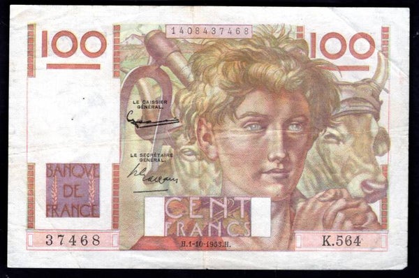 France. 100 Francs 1-10-1953 1408437468 Crisp F-VF.   DY20360B