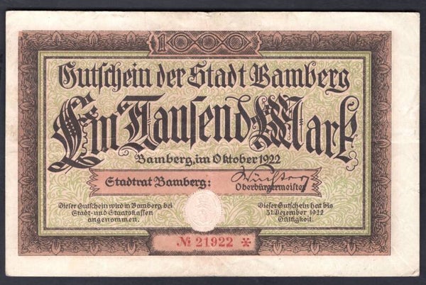 Germany. Bamberg. 1,000 Mark October 1922 No 21922 NVF.  DY20374