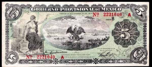 Mexico. Gobierno Provisional. Five Pesos 1914 (WPM S1104a) A 2221040 Crisp VF.   DY20385