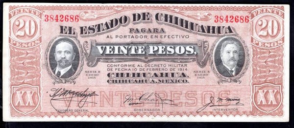 Mexico. Chihuahua. 20 Pesos January 1915 (WPM S537b) 3842686 Crisp GVF.  DY20388