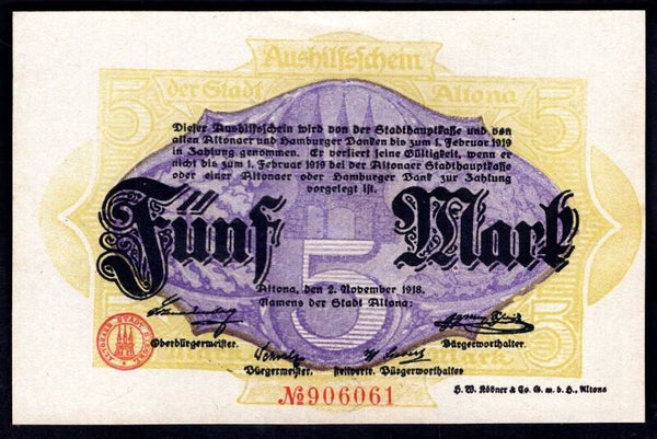 Germany. Altona. Five Mark 2-11-1918 AU-UNC.   DY20389