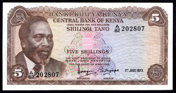 Kenya. Five Shillings 1-7-1973 A/82 202807 Crisp VF.   DY20397