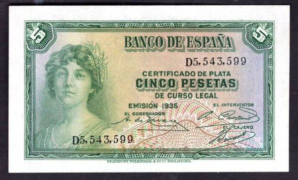 Spain. Five Pesetas 1935 D5,543,599 AU-UNC.   DY20401