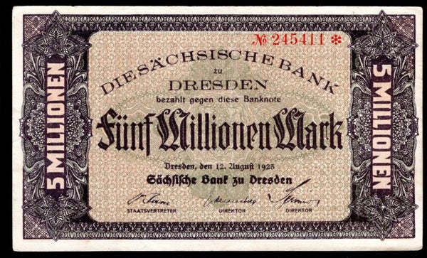 Germany. Saxony Bank. Five Million Mark 12-8-1923 245411 Crisp GVF.   DY20402