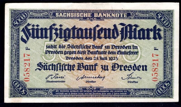 Germany. Saxony Bank. 50,000 Mark 25-7-1923 F 058217 VF-EF.   DY20404