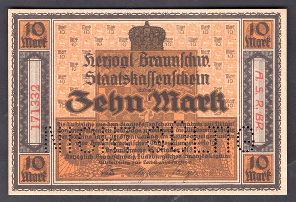 Germany. Braunschweig. Ten Mark cancelled 1918 171332 AU.  DY20421
