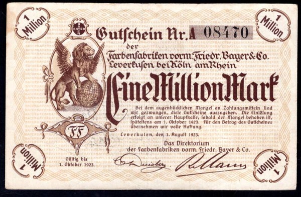 Germany. Bayer & Co. One Million Mark 1-10-1923 A08470 Crisp VF.  DY20433