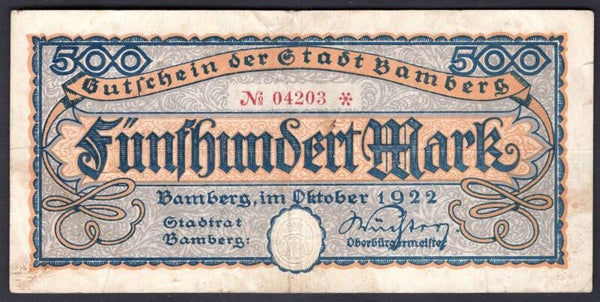 Germany. Bamberg. 500 Mark October 1922 04203 VF.   DY20516