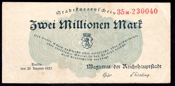 Germany. Berlin. Two Million Mark 25-8-1923 35M.230040 Crisp GVF.   DY20540