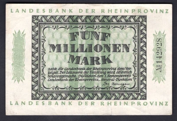 Germany. Rheinprovinz. Five Million Mark 1-9-1923 142928 GVF.   DY20541