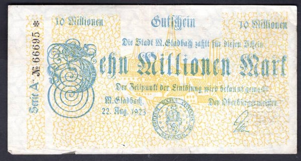 Germany. Munchen Gladbach.  Ten Million Mark 22 Aug 1923 A66695 Crisp VF.   DY20542