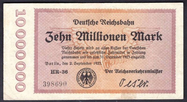 Germany. Reichsbahn. Berlin. 10 Million Mark 2-9-1923. 398690 NVF.   DY20544