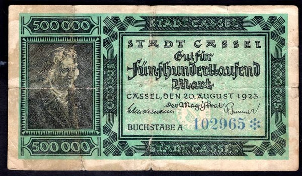 Germany. Cassel. 500,000 Mark 20-8-1923 A 102965* Fine.   DY20545