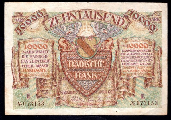 Germany. Badische Bank. 10,000 Mark 1-4-1923 E 073153 Crisp F-VF.  DY20546