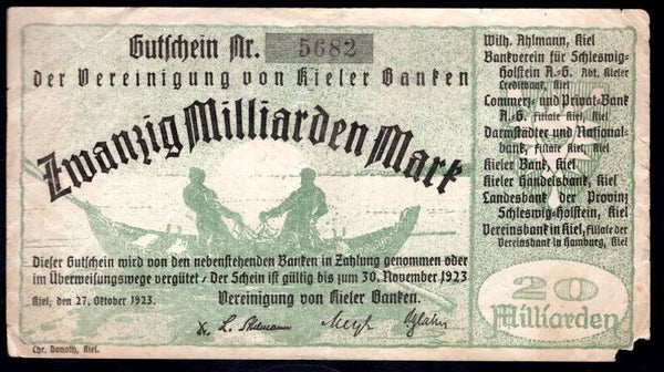 Germany. Kiel. 20 Milliarden Mark 27-10-1923 F-VF.   DY20547