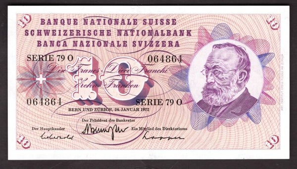 Switzerland. Ten Francs 24-1-1972 (WPM 45) 79O 064864 Crisp GVF+.   DY20563