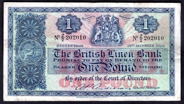 British Linen Bank. £1 28-12-1955 202010 Good Fine +.  dy20672